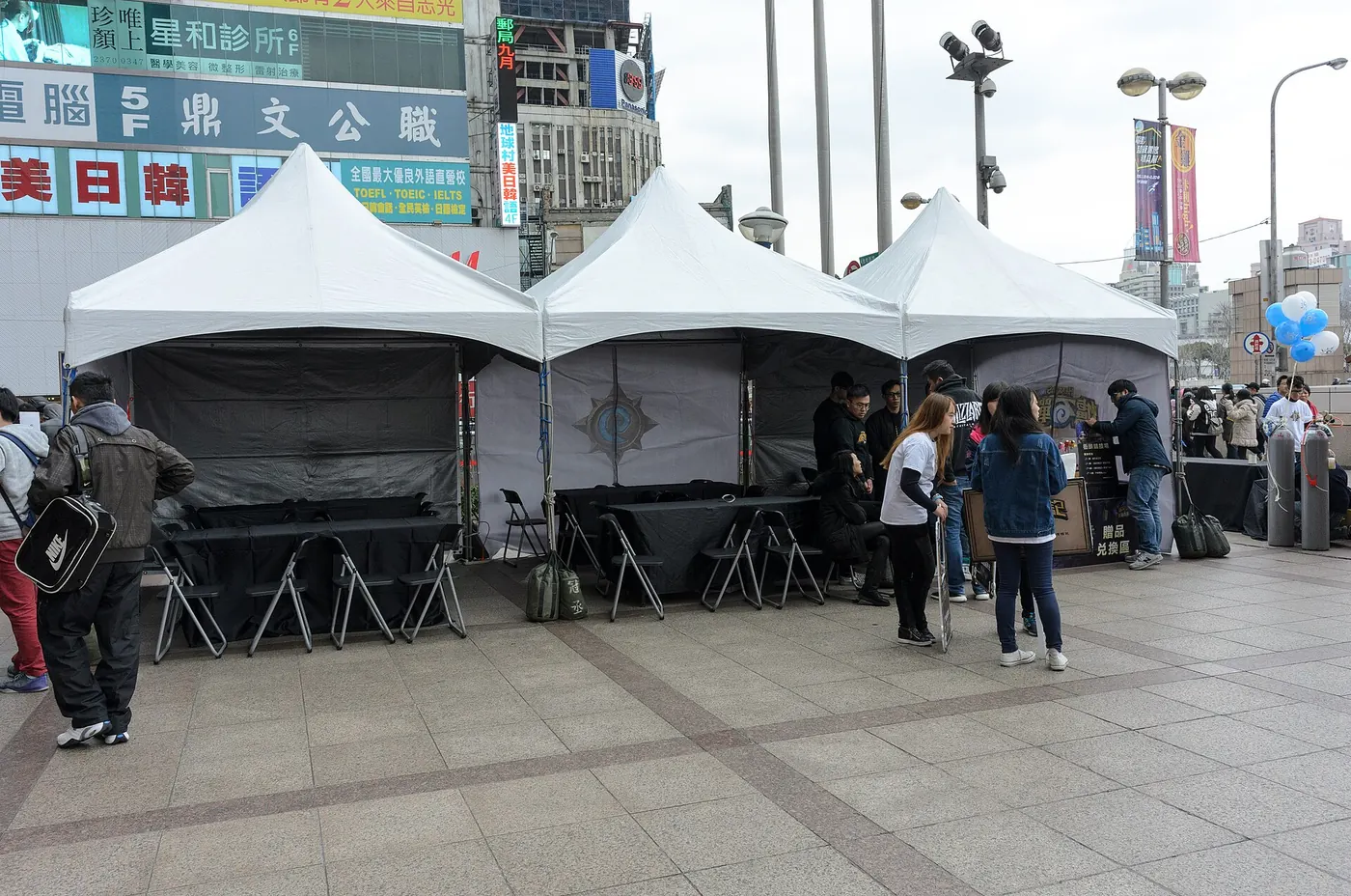 A row of white event gazebos