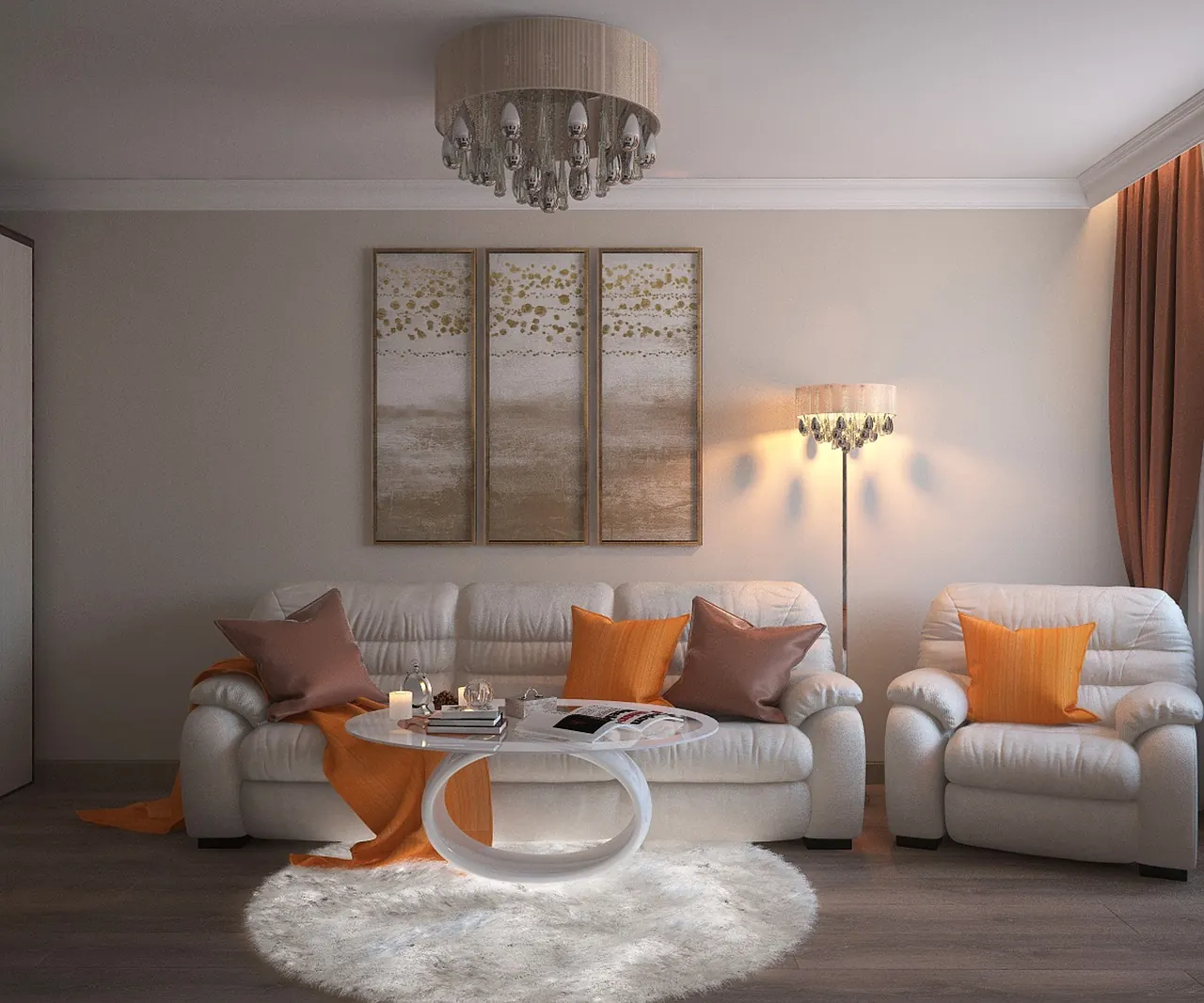 A warm living room with a sofa, rug and soft lighting