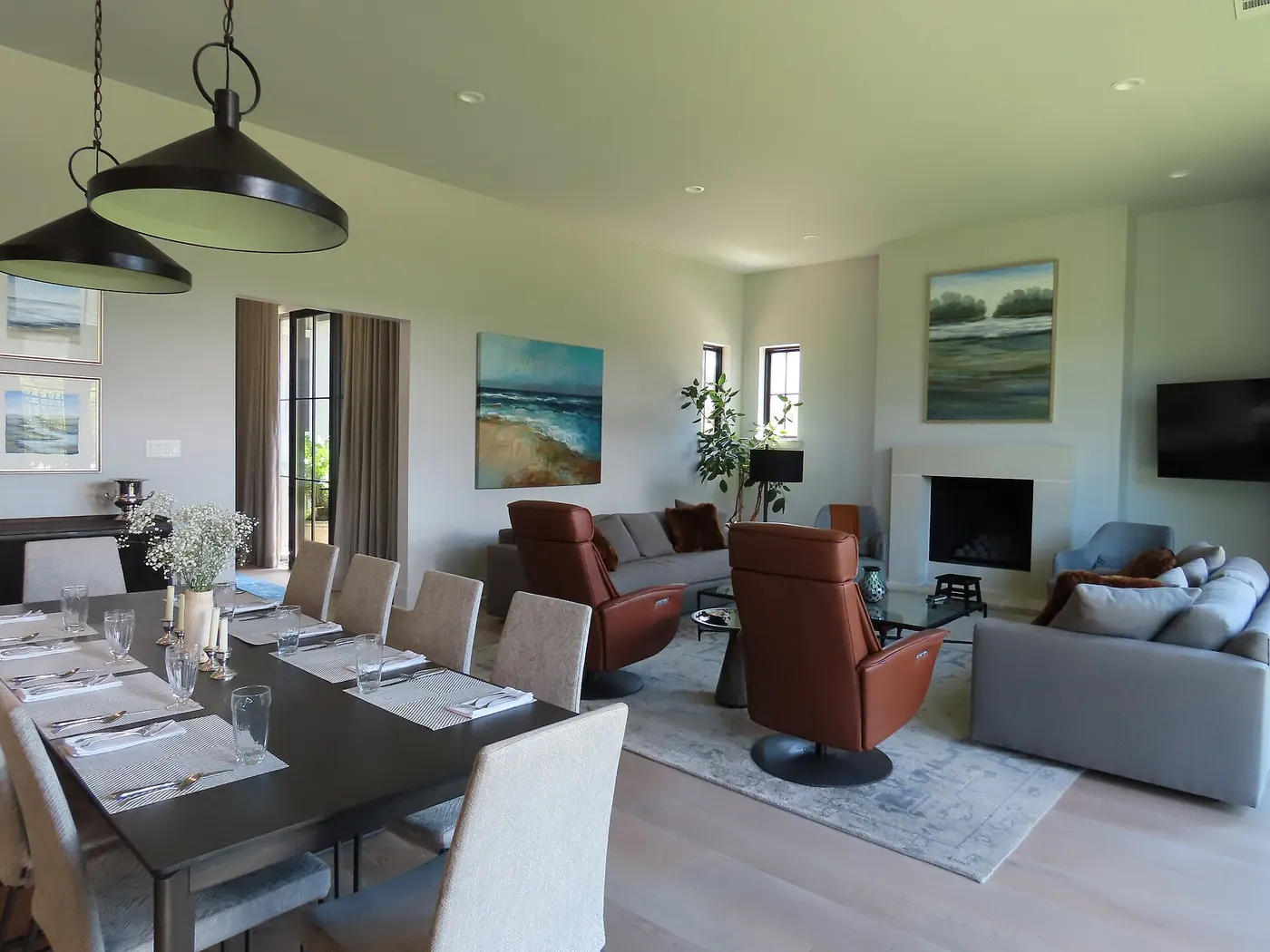 An open-plan living and dining room with modern furniture