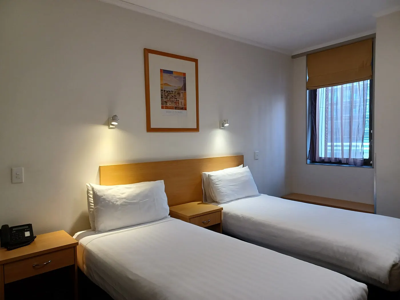 A neat twin hotel room